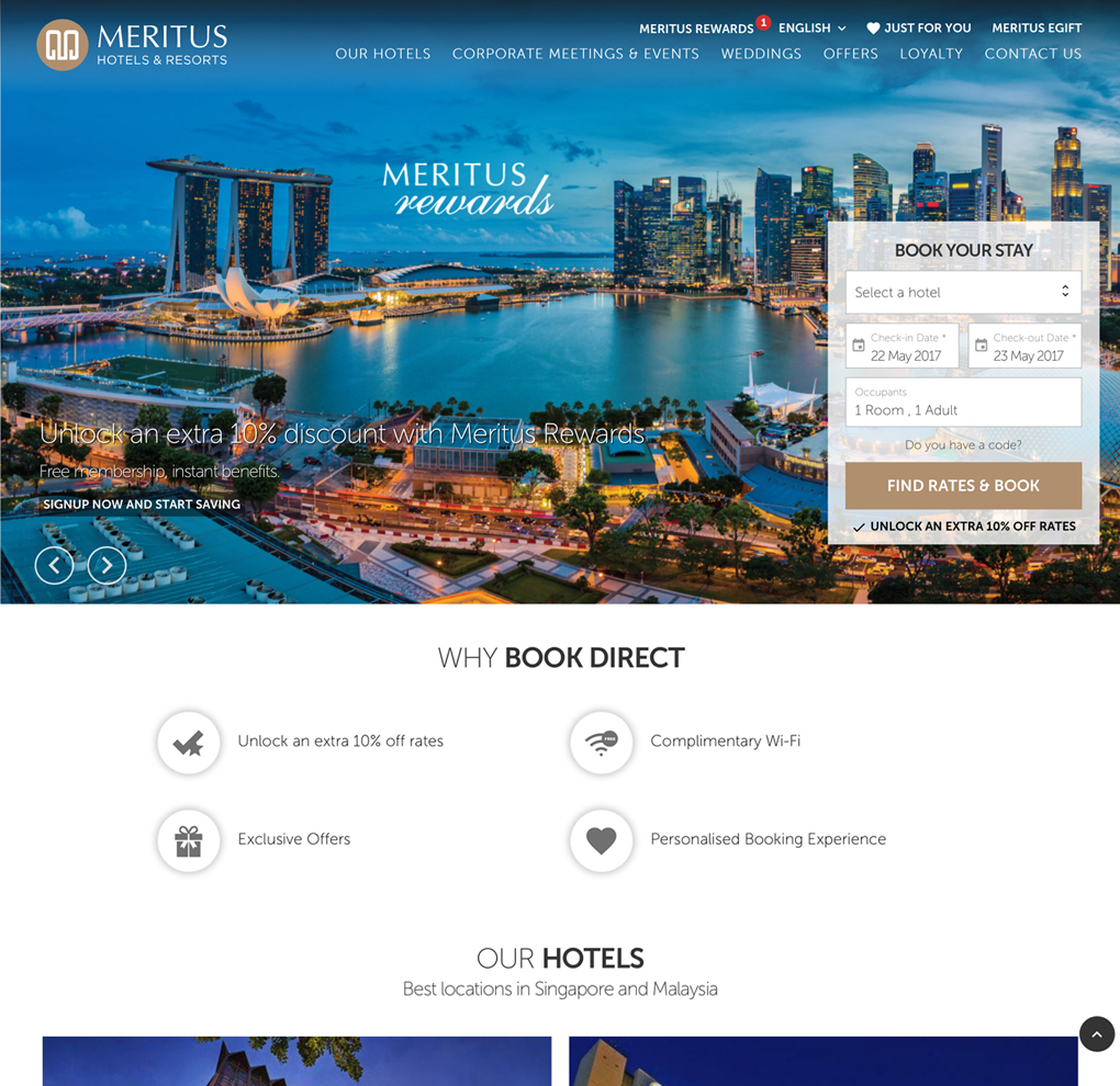 Meritus Hotels & Resorts Website image