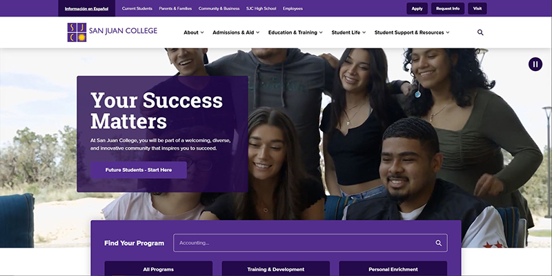 San Juan College Website: Modern Design, Intuitive Navigation, Student-Centric Focus