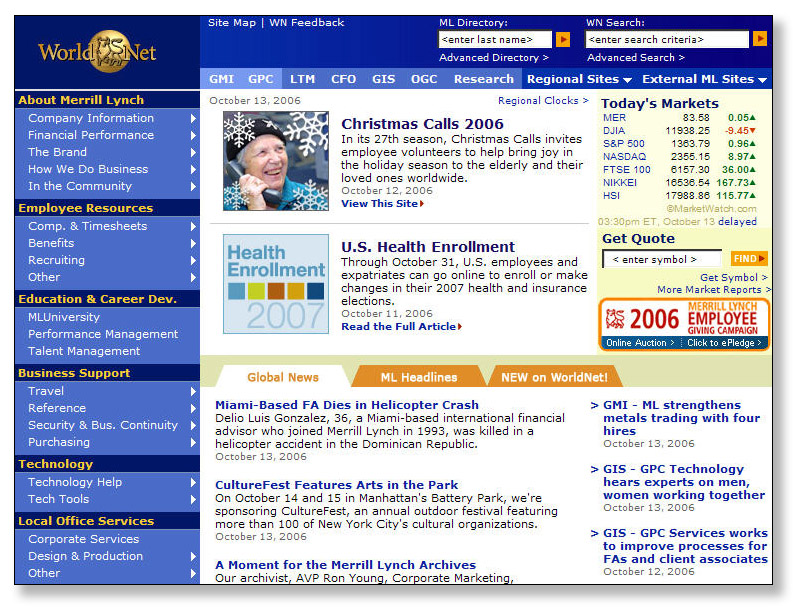 Merrill Lynch Intranet: WorldNet image